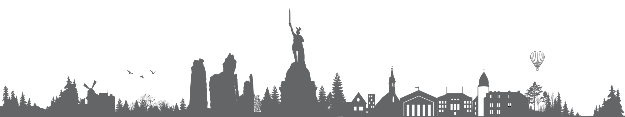 Silhouette von Detmold mit Hermannsdenkmal, Windmühle und Externsteinen