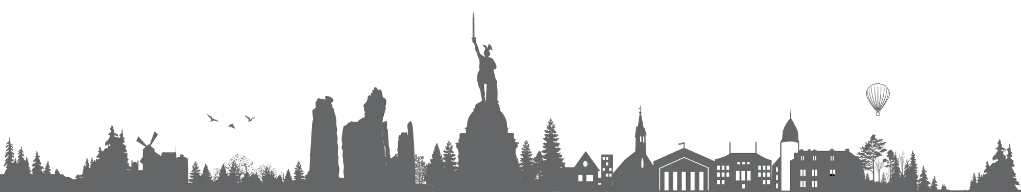 Silhouette von Detmold mit Hermannsdenkmal, Windmühle und Externsteinen